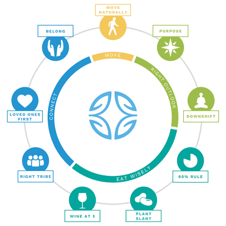 A circular diagram showing the Blue Zones Power 9 longevity habits categorized by Move, Right Outlook, Eat Wisely, and Connect.